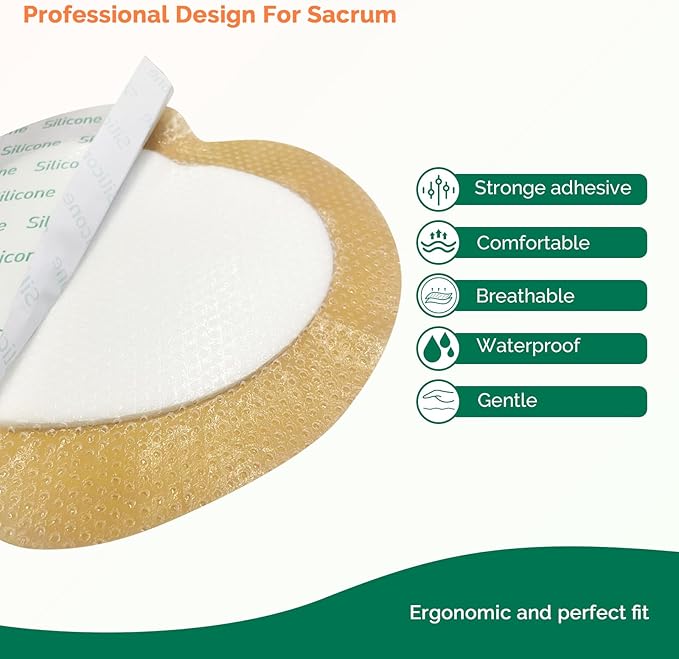 Sacrum Foam Dressing with Border - 10 Packs Silicone Adhesive 7"x7" Waterproof Sacral Wound Dressing - High Absorbent Pads Breathable Bed Sore Pressure Wound Care Bandages