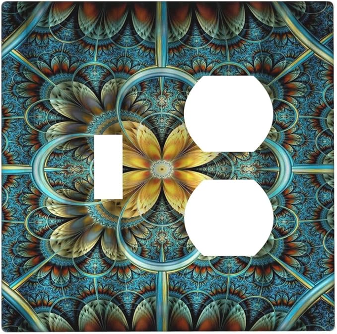 Decorative Light Switch Cover Plate Boho Fractal Mandala Bohemia 2 Gang Outlet Covers 1 Toggle 1 Duplex Wall Plate Decorate Electrical Switch Plate Covers for Bedroom Home Decor