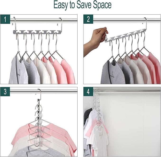 Meetu Space Saving Multifunctional Clothes Hangers - Stainless Steel 6X2 Slots Magic Cascading Hanger - Updated Hook Design Closet Organizer (Pack of 10)