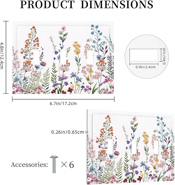 Rustic Wild Floral Vintage Colorful Flowers Triple Toggle Light Switch Covers Decorative 3 Gang Wall Plate Covers 3 Hole Electrical Device Switchplate Dimmer Faceplate for Bathroom Decor