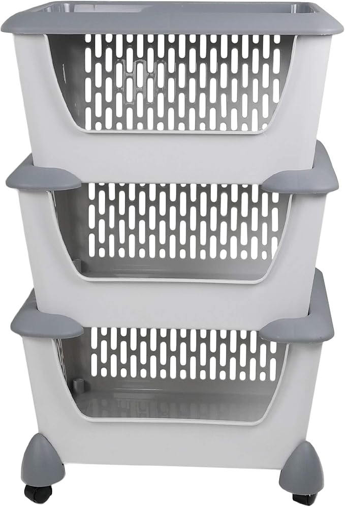 Gray Plastic Stacking Organizer Basket with Wheels, 3-Tier Multi-function Stackable Storage Basket