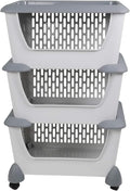 Gray Plastic Stacking Organizer Basket with Wheels, 3-Tier Multi-function Stackable Storage Basket