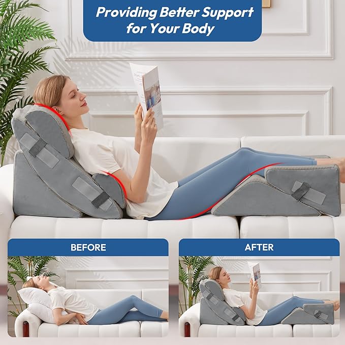 6PCS Wedge Pillow Set for After Surgery, Sit Up Pillow for Bed, Back Support Pillow, Bed Wedge for Shoulder, Leg Pain Relief, Post Surgery Pillow for Sleeping, Acid Reflux, Grey