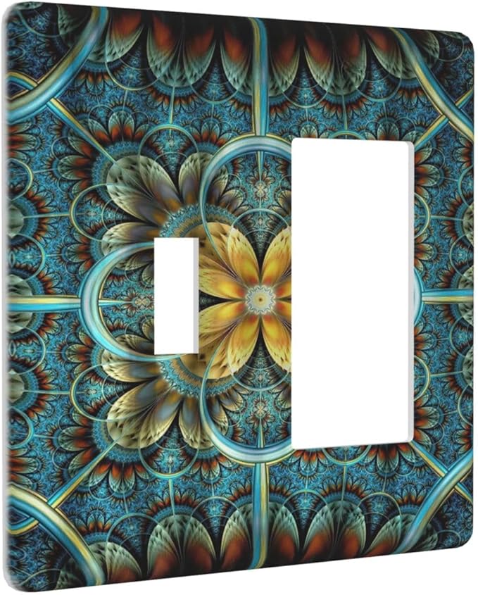Light Switch Cover Boho Fractal Mandala 2 Gang Toggle Rocker Combo Wall Plates Bohemia Decorative Switch Plates and Outlet Covers Receptacle Cover for Bathroom Bedroom Decor