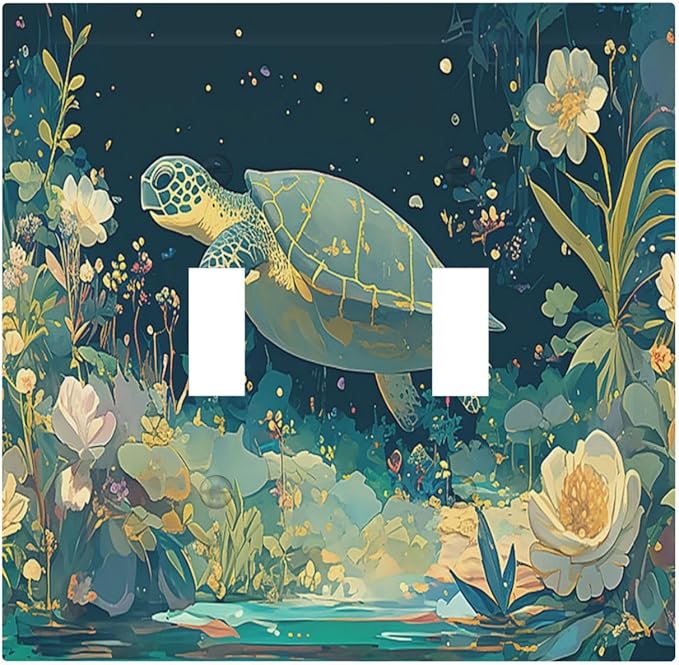 Decorative Switch Plates Fantasy Sea World Sea Turtle Floral Plant 2 Gang Double Toggle Outlet Light Switch Cover Wall Plate Electrical Faceplate for Kids Room Nursery Decor