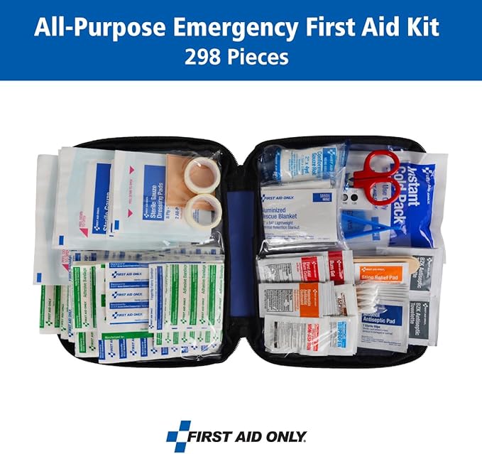 First Aid Only 298 Piece All-Purpose Emergency First Aid Kit for Home, Office, Car, Apartment, Dorm, and Camping, Travel-Friendly Compact Pouch Fits in Backpacks, Suitcases, Cabinets, and Drawers