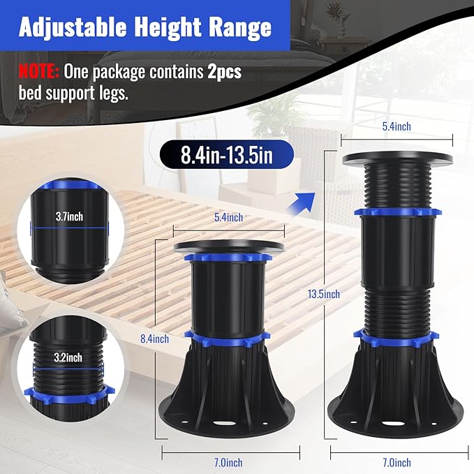 YHK 2PCS Adjustable Height Bed Support Legs 4.6-13.5inch, Bed Frame Support Legs for Bed Slat, Bed Support Reinforcement Parts Bed Frame Support Replacement