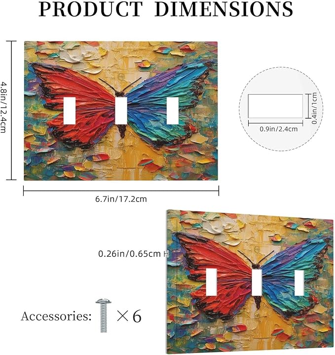 Decorative Switch Plates Colorful Butterfly Animal Insects Wall Art Abstract 3 Gang Wall Plate Triple Toggle Light Switch Cover Faceplate Electrical Wall Panels for Bedroom Home Decor