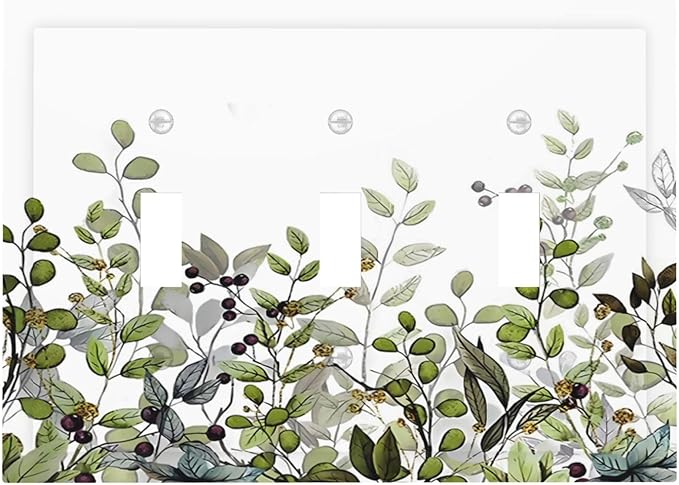 Watercolor Green Eucalyptus Leaves Plants Fruit Decorative Switch Plates 3 Gang Wall Plate Triple Toggle Light Switch Cover Faceplate Electrical Wall Panels for Bed Room Living Room Decor