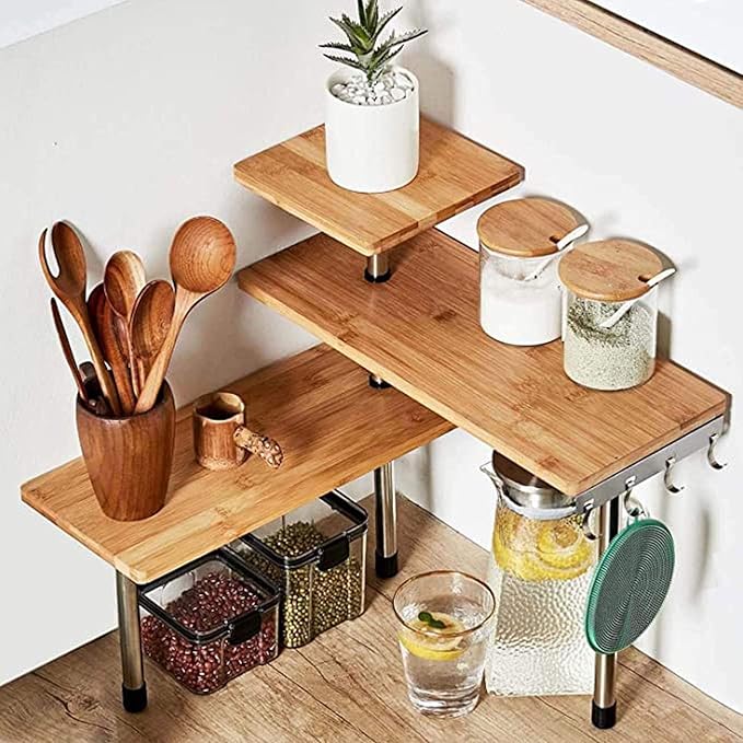 HYNAWIN 3-Tier Corner Shelf, Bamboo & Metal Storage Rack with Hooks, Adjustable Countertop Organizer for Kitchen, Bathroom, Bedroom or Office
