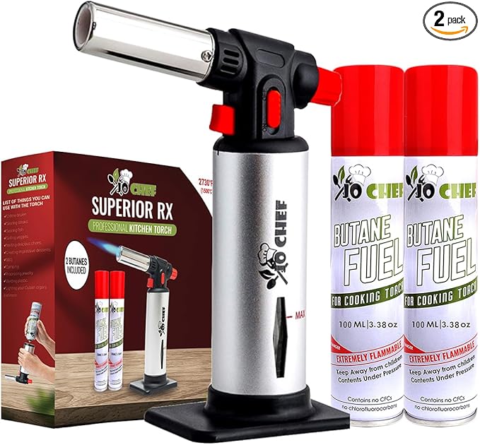 Jo Chef Kitchen Torch with Butane Included – Refillable butane torch Lighter with Safety Lock & Adjustable Flame, Culinary Blow Torch for Cooking, Creme Brulee and Soldering 2 Cans (3.38oz) Included