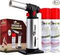 Jo Chef Kitchen Torch with Butane Included – Refillable butane torch Lighter with Safety Lock & Adjustable Flame, Culinary Blow Torch for Cooking, Creme Brulee and Soldering 2 Cans (3.38oz) Included
