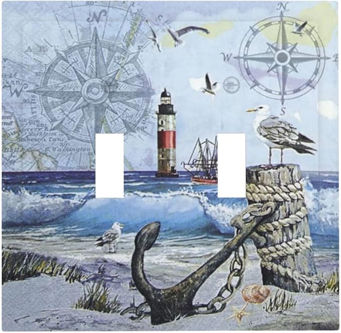 Light Switch Cover Sea Ocean Sand Coast Compass Ship Lighthouse Anchor 2 Gang Wall Plate Double Light Switch Plate Toggle Decorative Outlet Covers Electrical Switchplate for Bathroom Decor