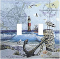 Light Switch Cover Sea Ocean Sand Coast Compass Ship Lighthouse Anchor 2 Gang Wall Plate Double Light Switch Plate Toggle Decorative Outlet Covers Electrical Switchplate for Bathroom Decor