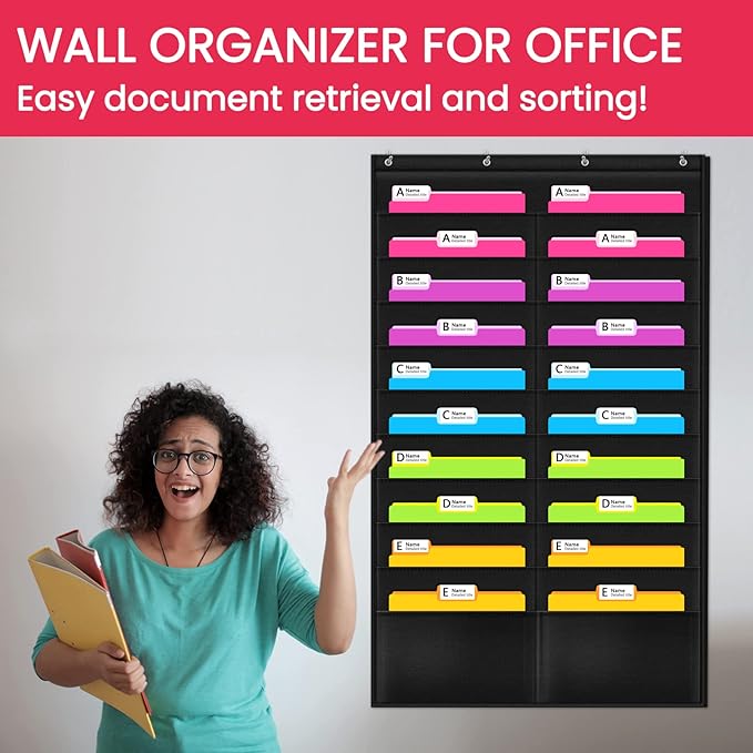 Godery Folder Pocket Chart (Black), Cascading Wall Organizer for School, Classroom, Home or Office Use, 20 Pocket Chart Hanging Wall Organizer with 4 Hangers