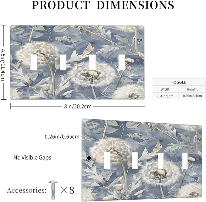 Blue Dandelion Vintage Floral Boho Flower Light Switch Covers Quad Toggle Electrical Faceplate 4 Gang Wall Plate Decorative Switch Plates Cover for Bedroom Living Room Home Decor