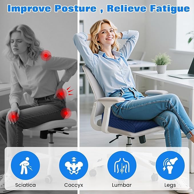 Seat Cushion, Memory Foam Chair Pad, Non-Slip Cushion for Office, Home, Car, Large Desk Chair Cushion, Washable Cover & Handle, Large, Blue