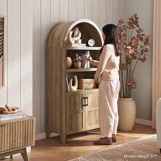 mopio Lauren 77.4" Tall Arched Cabinet, 5-Tier Arched Bookcase with Doors and Adjustable Shelves, Arch Bookshelf with Storage, Wooden Storage Cabinet for Living Room and Kitchen Pantry Set of 2, Black