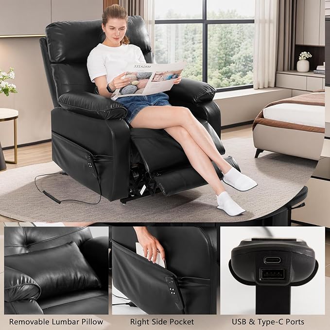 Dual Motor Power Lift Recliner Chair for Adult & Elderly, Infinite Position Lay Flat Lift Chair with Heat & Massage, Cup Holder, Lumbar Pillow, Wireless Charger, USB Ports, Leather (Black)