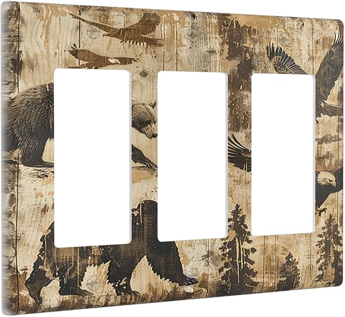 Light Switch Covers Vintage Cabin Wildlife Animal Bear Eagle Forest 3 Gang Rocker Electrical GFCI Decorative Triple Outlet Wall Plate Cover Switchplate for Farmhouse Bedroom Decor