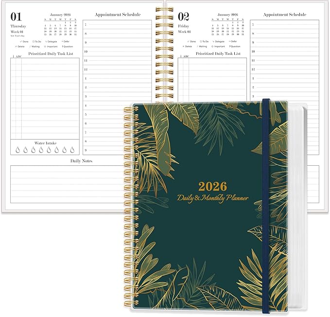 Daily Planner 2026 - Full Page Per Day, Jan 2026 to Dec 2026, 2026 Daily Planner with Spiral Bound, Inner Pocket, Perfect for School Office Supplies, 7'' x 10'', Green Gold Leaf