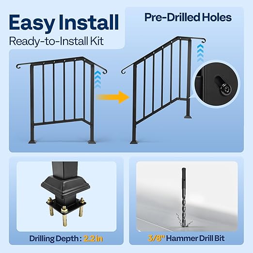 VIVOHOME 2-Pack 3 Step Galvanized Steel Hand Rails for Outdoor Steps – Curved Ends and Safety Balusters Exterior Railing for Porch, Deck, or Indoor Stairs, Complete Installation Kit