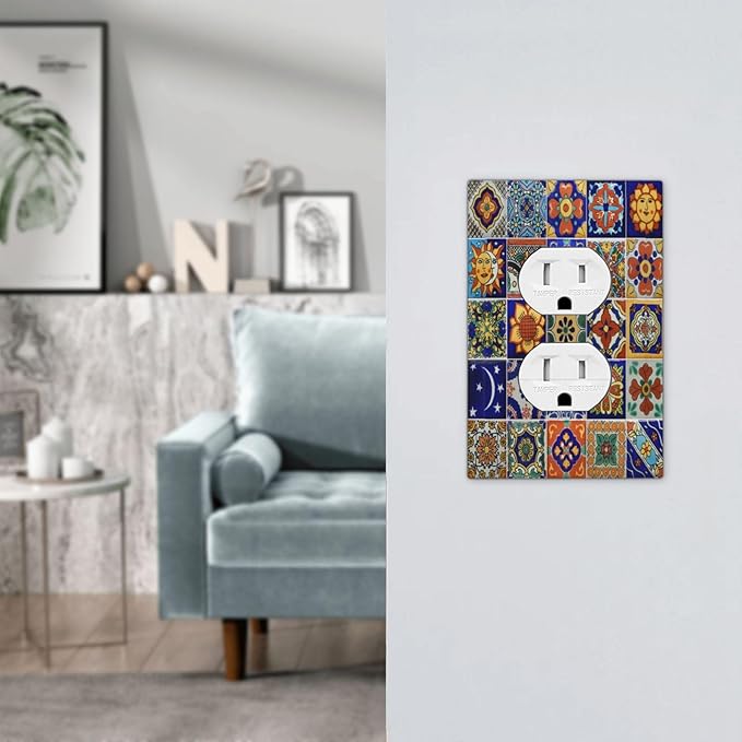 Outlet Covers Mid Century Talavera Shaped Tiles 1 Gang Duplex Wall Plate Decorative Switch Plates Electrical Receptacle Faceplate Light Switch Cover for Bedroom Bathroom Decor