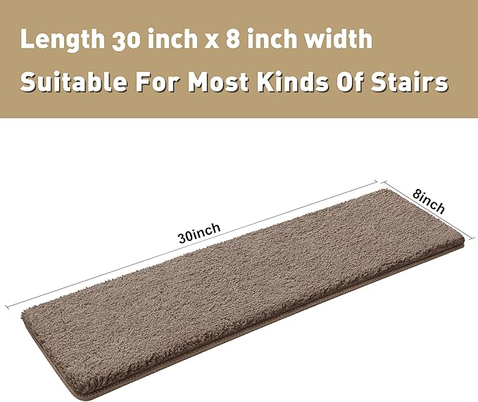 PURE ERA Carpet Stair Treads Ultra Plush 8 x 30 inch Soft Indoor Stair Protectors Pet-Friendly Non-Slip Skid Resistant Tape Free Washable Reusable(7 Pieces,Brown)