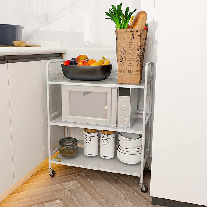 DCLRN 3 Tier Rolling Cart with Lockable Wheels Sturdy Construction,Solid Shelves,Recessed Screw Holes Ideal for Kitchen and Home Storage Size:23.6" Dx11.8 Wx29.5 H(White)