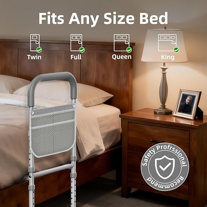 Bed Rails for Elderly Adults Safety: ASTM Approved Adjustable Bed Assist Rail for Seniors with Storage Bag & Non-Slip Handle - Bedside Grab Bar Hold up to 350 Lbs - Fits King Queen Full Twin Medium