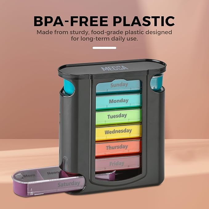 Weekly Pill Organizer, 1 Dispenser, 7 Stackable Compartments Four Times-a-Day - Morning, Noon, Evening, and Bedtime, Black