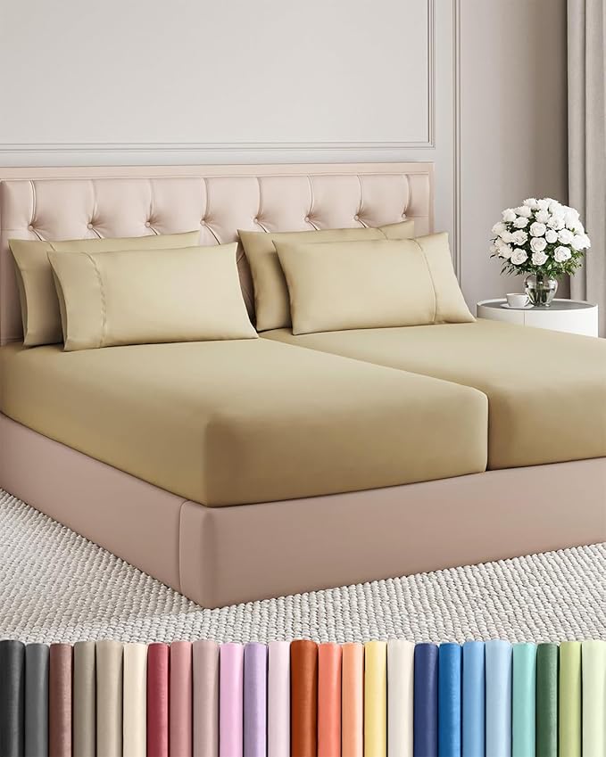 Split King 7 Piece Sheet Set - Cooling & Breathable Bed Sheets - Hotel Luxury Bed Sheets for Women, Men, Kids & Teens - Deep Pocket Bedding w/Easy Fit - Soft & Wrinkle Free - Split King Beige Sheets