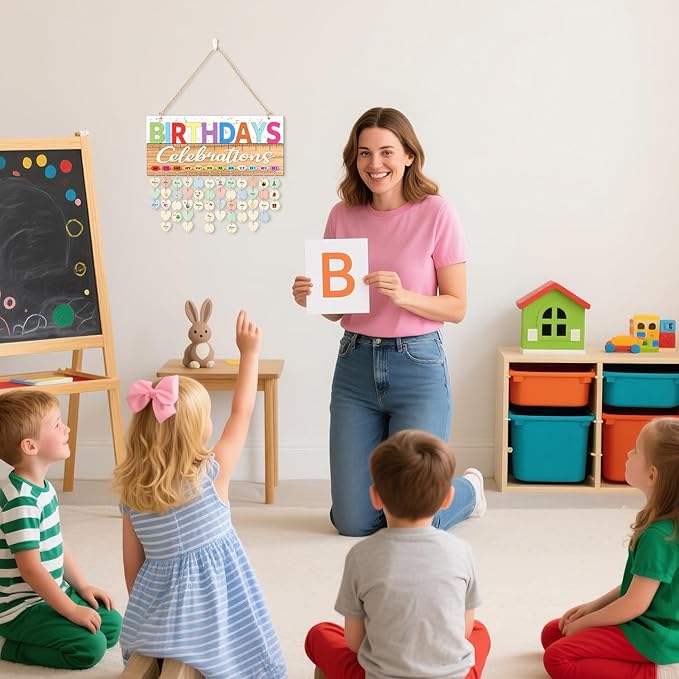 CHDITB Classroom Birthday Chart Wall Hanging(16”x7”), Colorful 3D Birthday Celebrations Calendar for Classroom Students Kids, Wooden DIY Teacher Gifts Reminder Tracker with 100 Tags