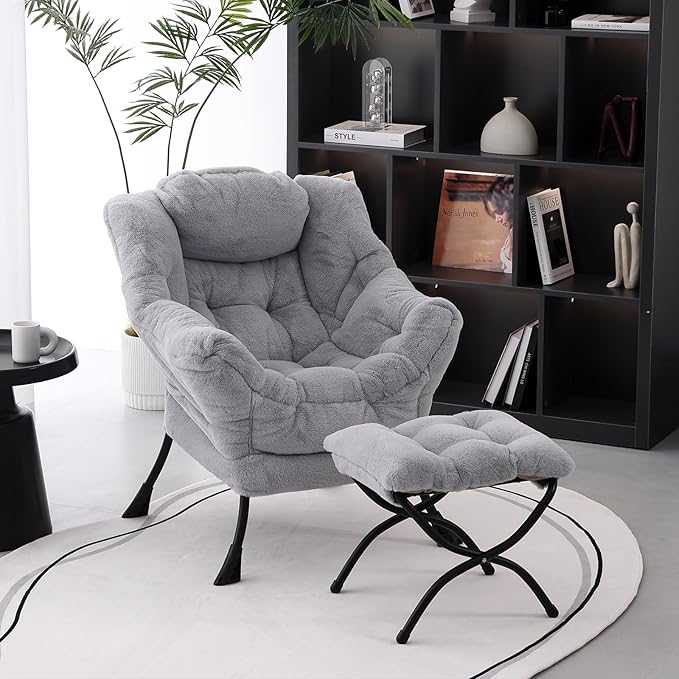 Lazy Chair with Folding Ottoman, Modern Accent Lounge Armchair with Armrests and a Side Pocket & Foldable Footstool, Leisure Reading Chair for Living Room, Bedroom, Dorm & Office, Plush Grey
