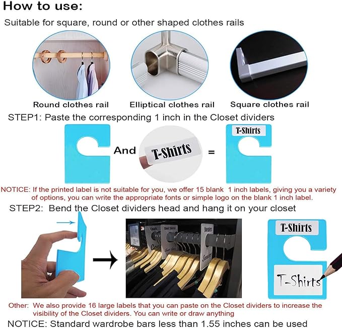 32 Pack White Clothing Rack Size Dividers Plus 75 Labels (1 Inch) and 30 Large Blank Labels, Large Rectangular Clothing Closet Dividers (Blue)