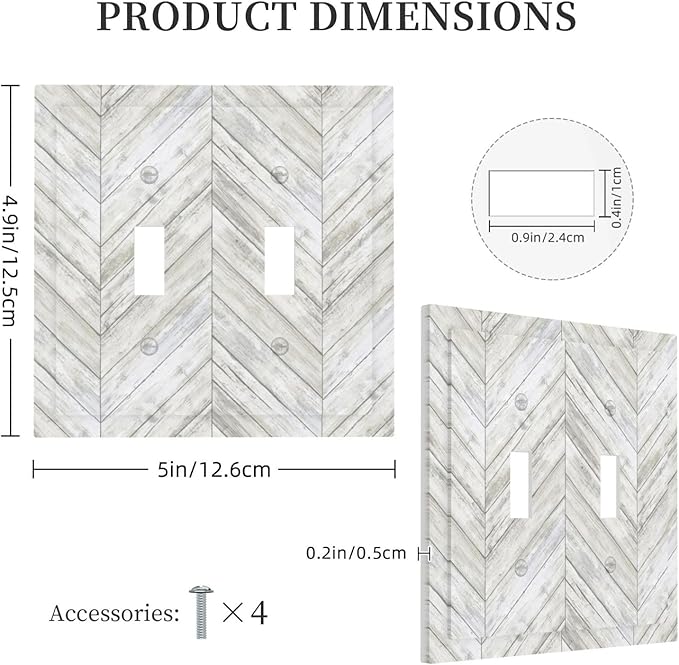 Rustic White Gray Herringbone Wood Plank Double Toggle Light Switch Cover Decorative Vintage Country 2 Gang Wall Plate Electrical Faceplate Switchplate for Farmhouse Bedroom Living Room Decor