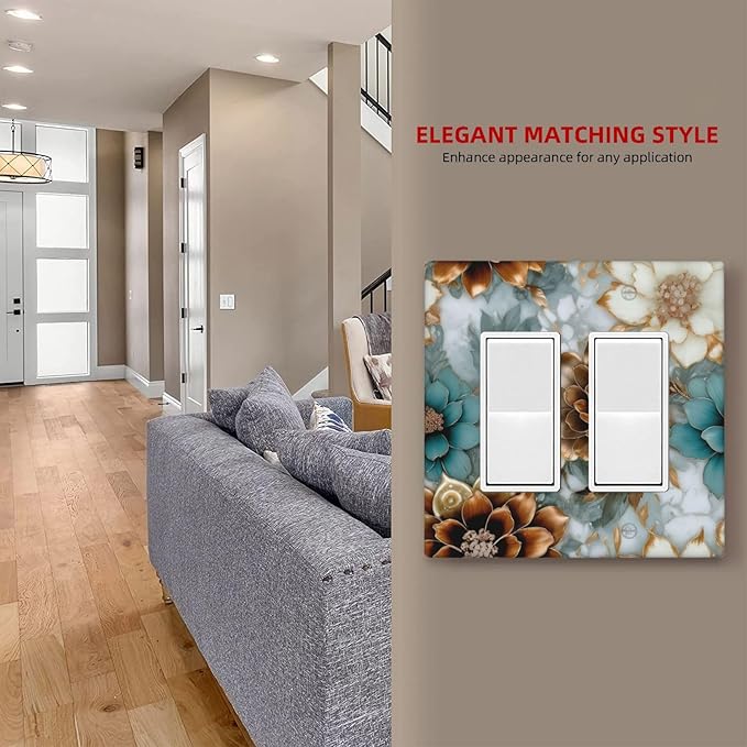 Vintage Marble Floral Gold/Green/White Metal Flowers Outlet Covers Double Rocker Light Switch Covers Decorative 2 Gang Gfci Wall Plate Electrical Receptacle Switchplate Plug Faceplate Bathroom
