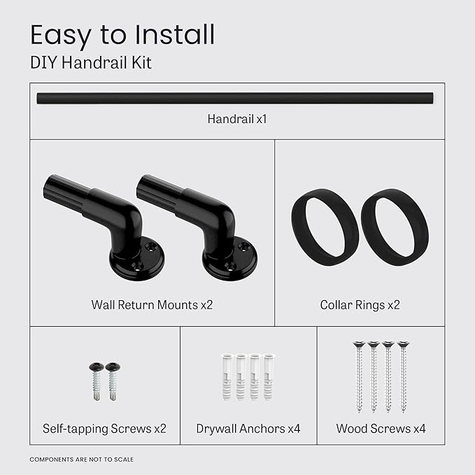 Meranti Aluminum Handrail for Stairs - ADA Compliant Wall Returns - Handrails for Indoor Stairs - Metal Handrail, Powder Coated for Outdoor Environment, DIY Handrail Kit (WHR, Black Textured, 4' L)