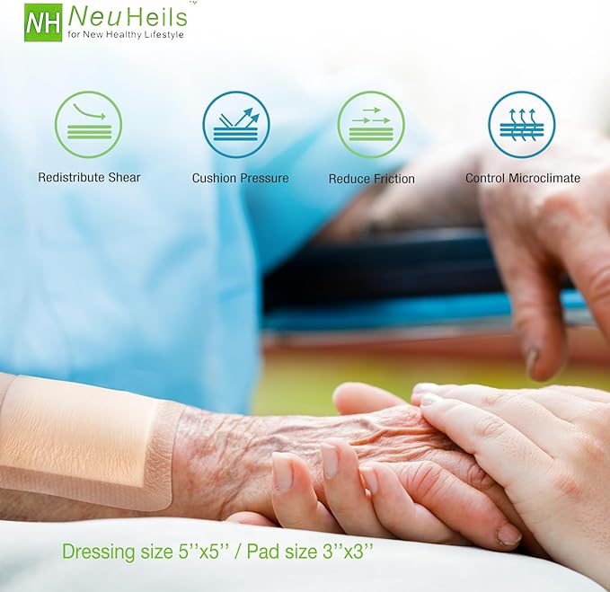 NeuHeils Silicone Foam Dressing with Gentle Border 5''x5'', 10 Pack for Bed Sore Leg Ulcer, High Absorbency Large Waterproof Silicone Adhesive Wound Bandages Patches