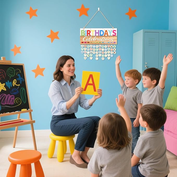 CHDITB Classroom Birthday Chart Wall Hanging(16”x7”), Colorful 3D Birthday Celebrations Calendar for Classroom Students Kids, Wooden DIY Teacher Gifts Reminder Tracker with 100 Tags