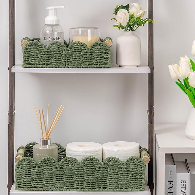 CubesLand Scalloped Decor Basket for Living Room, Home, Bathroom, 2SAME SIZE Paper Rope Basket, Toilet Storage Baskets for Over Toilet Storage Shelf, Cozy Woven Basket Both Storage&Decor, Green