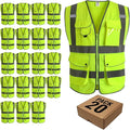 JKSafety 20 Pack 9 Pockets Class 2 High Visibility Zipper Front Safety Vest With Reflective Strips,Meets ANSI/ISEA Standard (X-Large, 156-Yellow)