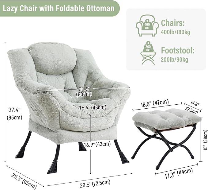 Lazy Chair with Ottoman, Modern Chair with Folding Footrest, Lounge Accent Chair, Comfortable Reading Chair (Plush Green)