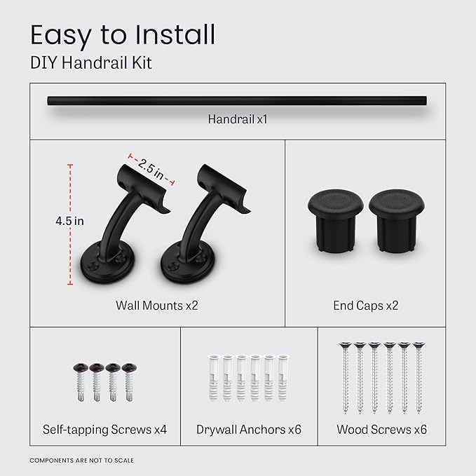 Meranti Aluminum Handrail for Indoor or Outdoor Steps and Stairs – Hand Rails for Elderly – DIY Complete Stair Railing Kit (AHR, Black Textured, 5' Length)