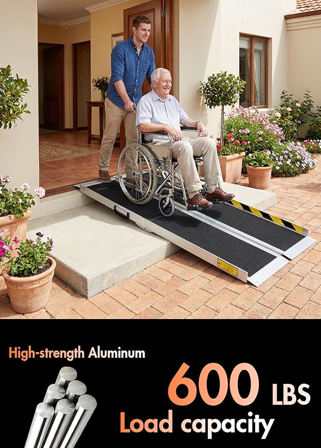 Protable Wheelchair ramp 5FT,Non-Slip Folding Aluminum Handicap Ramps,Threshold Ramps for Home,Holds up to 600lbs,Wheelchair ramp for Steps,Stairs,Doorways (5FT Useing Height 5-15inch)