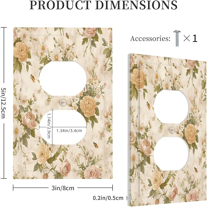 Outlet Covers Boho Vintage Roses Pink Red Yellow Bouquet Floral 1 Gang Duplex Wall Plate Decorative Switch Plates Electrical Receptacle Faceplate Light Switch Cover for Bedroom living Room