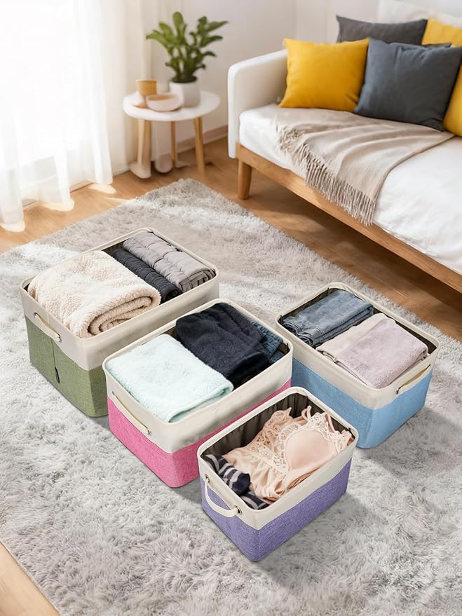 BALEINE 4 Pack Fabric Storage Bins for Shelves, Linen Storage Baskets for Organizing, Decorative Closet Bins for Clothes, Home (Green, 14''x10''x8.5'')