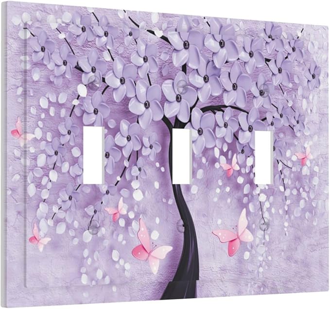 Light Switch Cover 3D Purple Tree 3 Gang Wall Plate Triple Light Switch Plate Toggle Decorative Outlet Covers Electrical Switchplate for Bathroom Bedroom Decor