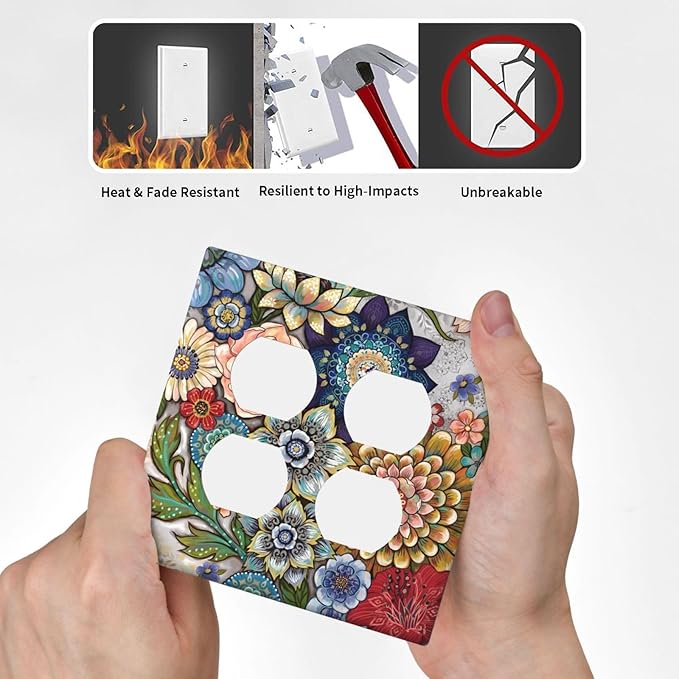 Boho Floral Colorful Floral Multi Color Flower Outlet Covers 2 Gang Double Duplex Decorative Light Switch Covers Electrical Wallplates Socket Faceplate for Bedroom Living Room Home Decor