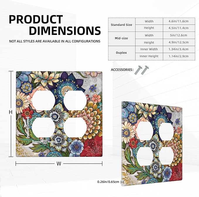 Boho Floral Colorful Floral Multi Color Flower Outlet Covers 2 Gang Double Duplex Decorative Light Switch Covers Electrical Wallplates Socket Faceplate for Bedroom Living Room Home Decor